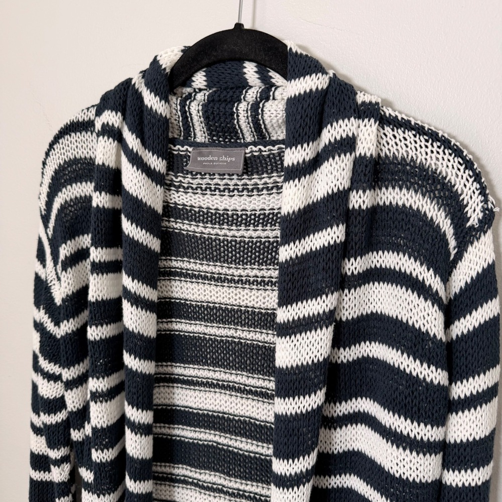 Wooden Ships Coastal Striped Beachy Open Front Cardigan Sweater M/L Navy Stripe‎ - Picture 2 of 12